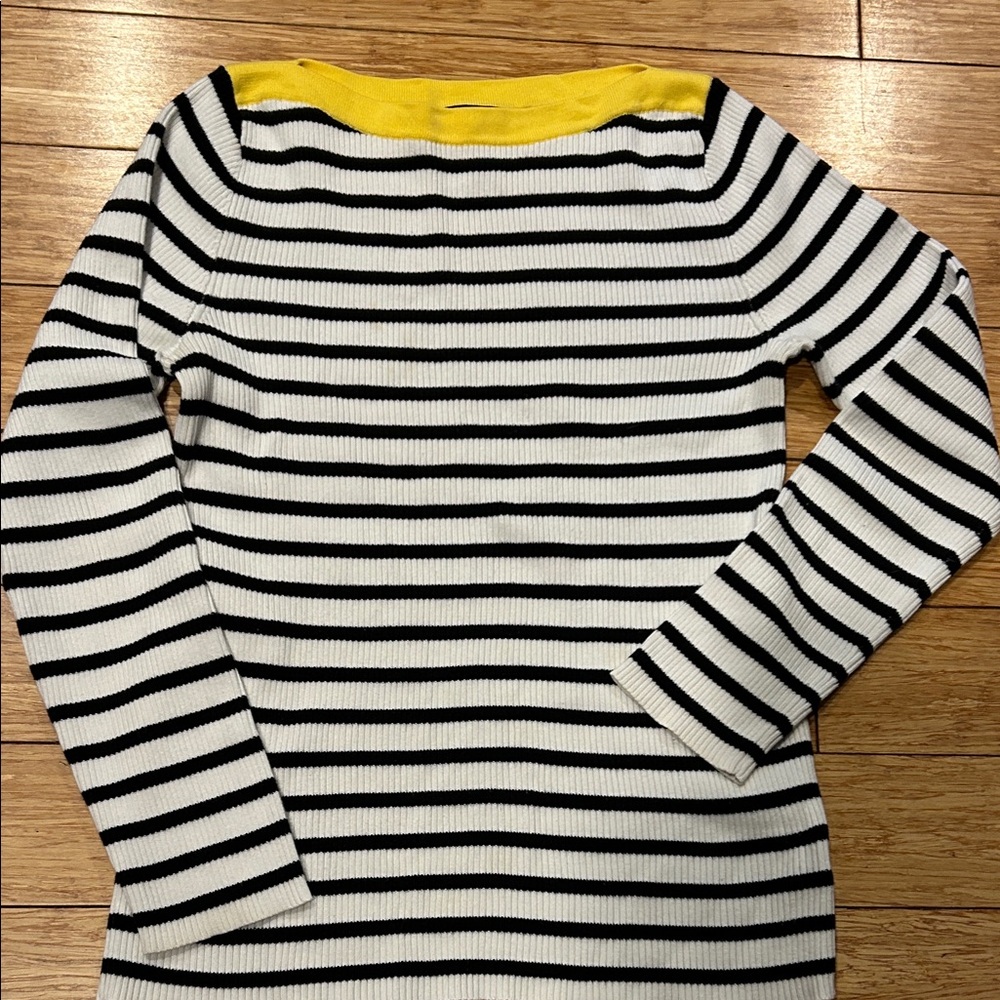 Striped Black & White Boatneck Sweater with Yellow Trim